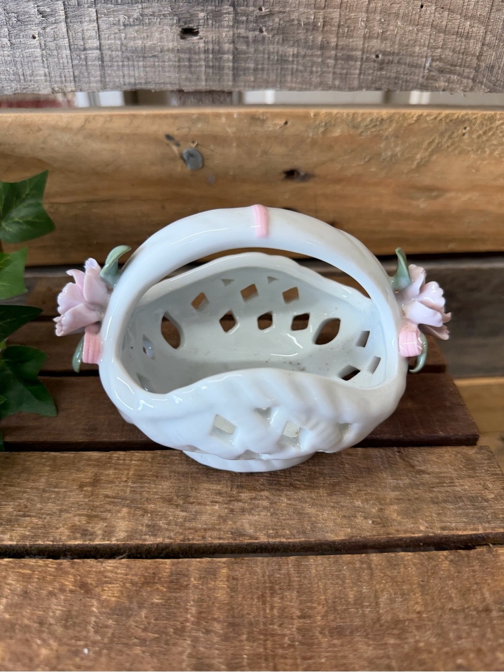 Vintage White Ceramic Basket Vase with Pink Flower Accents